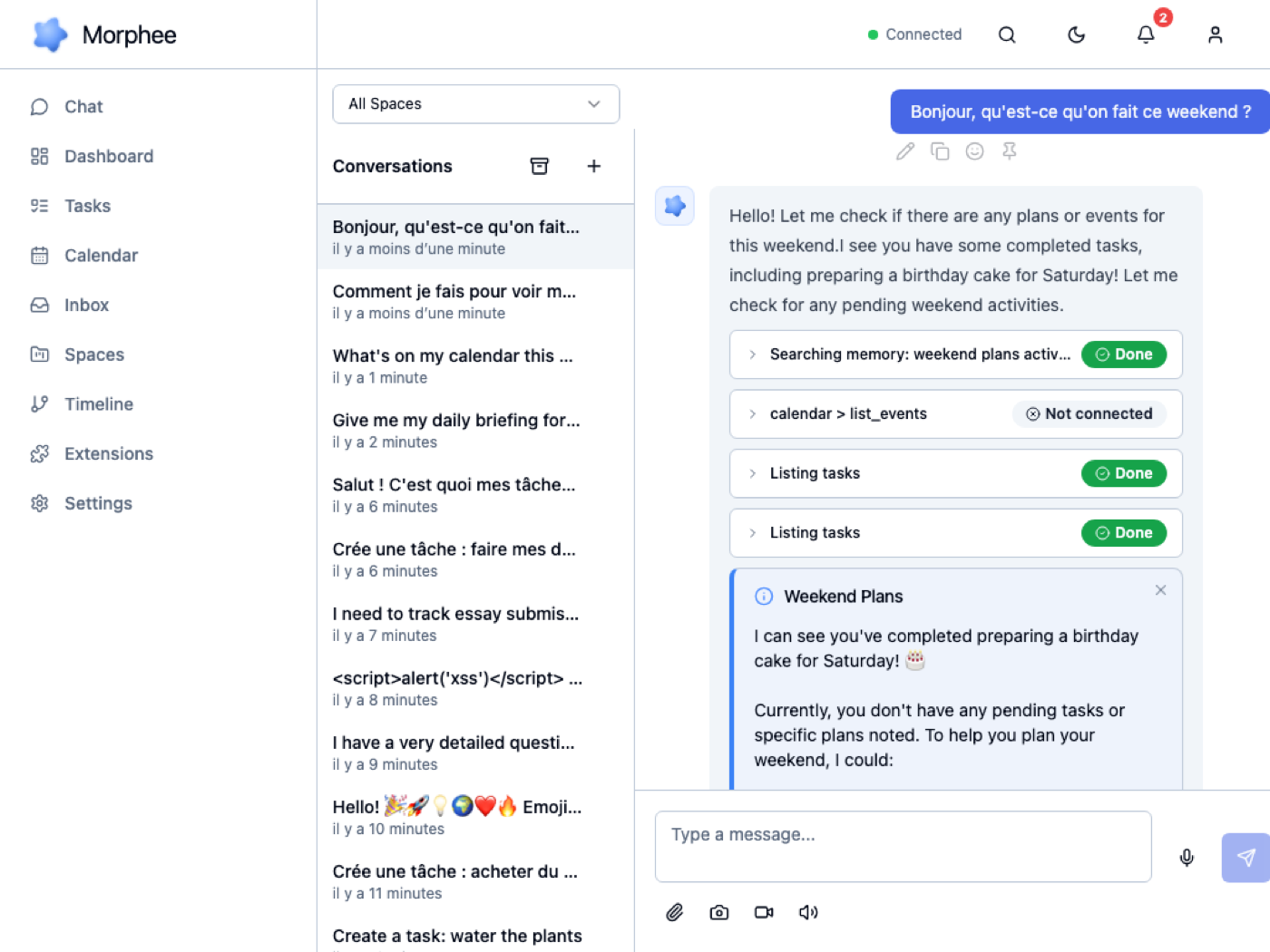 Morphee app showing a conversation with tool integrations, memory search, and a Weekend Plans card