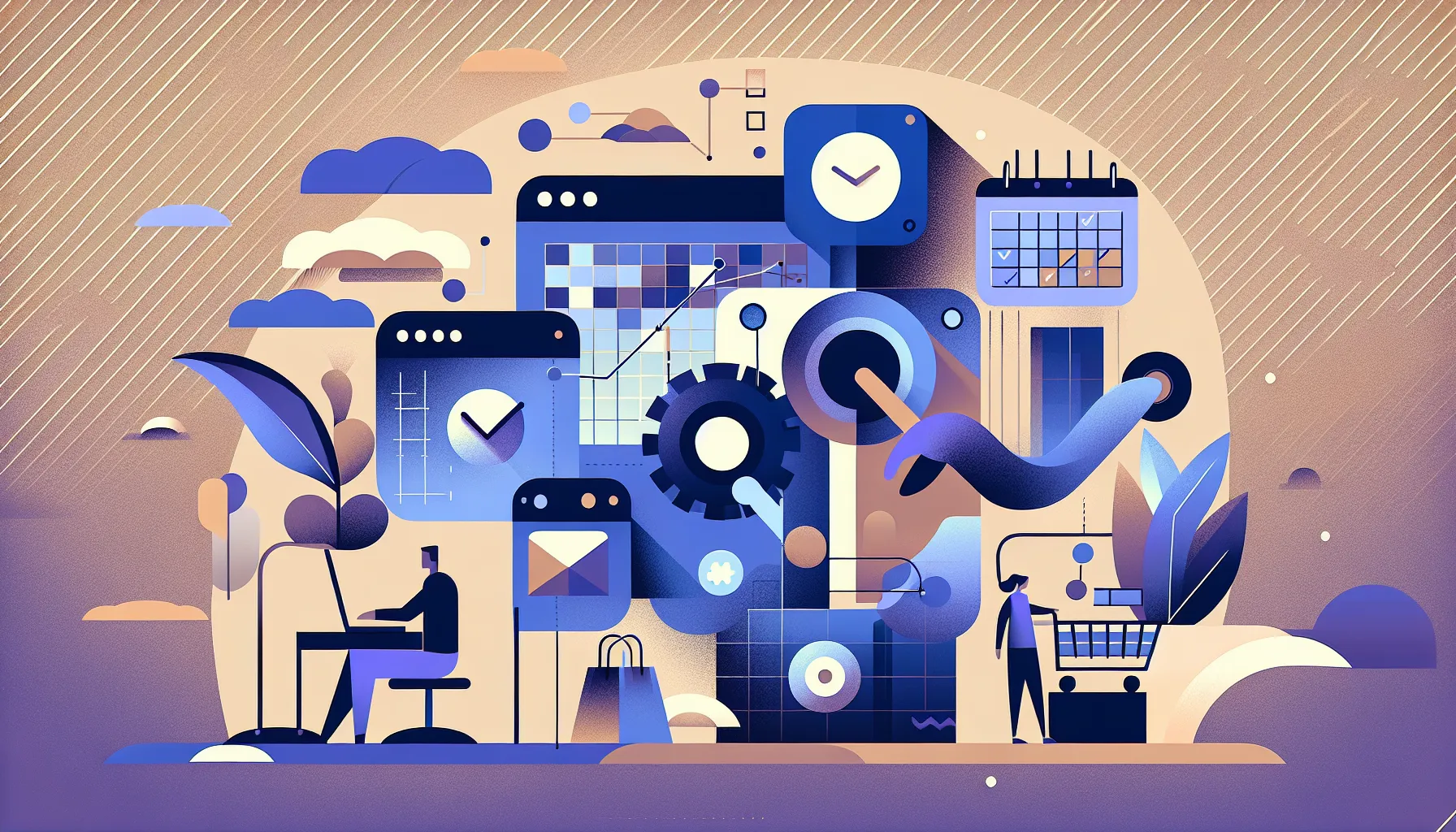 Interconnected calendar blocks, task circles, and shopping icons flowing around a central organizing point