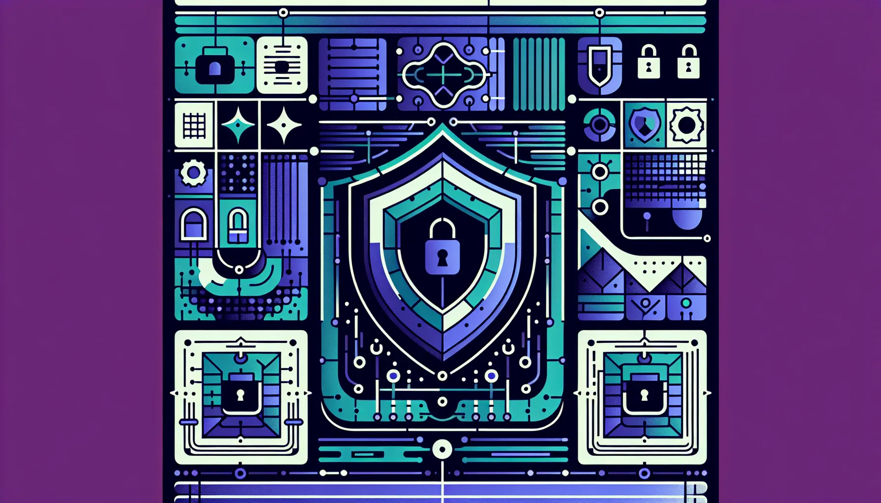 Abstract architectural blueprint with nested shields and organized data compartments
