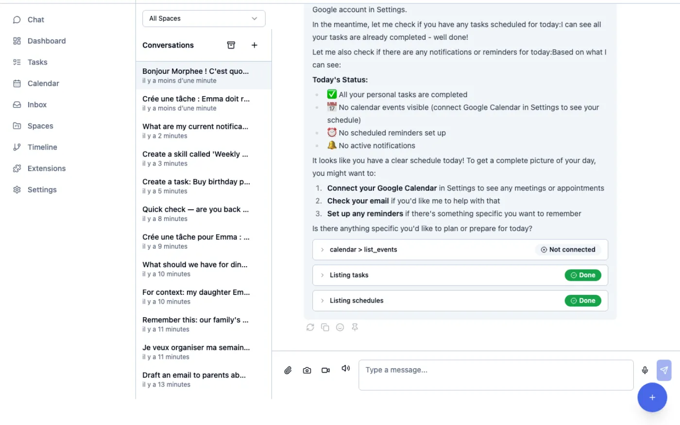 Morphee chat interface showing sidebar, conversation list, and AI response with tool call badges