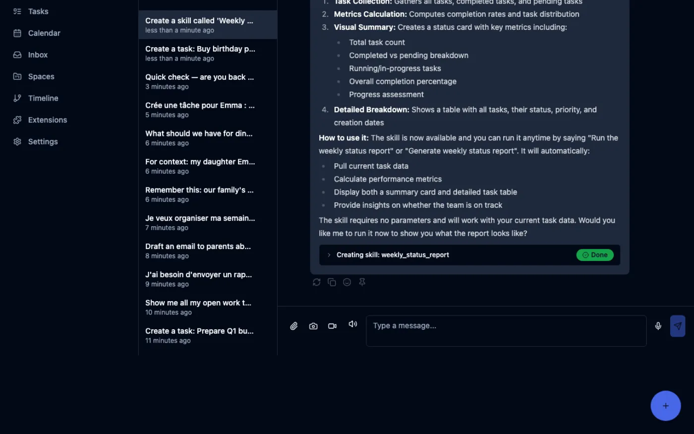 Morphee dark mode showing skill creation flow with task breakdown and status card